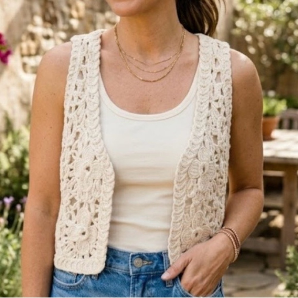 Anthropologie boho crochet vest cream open front festival beach hippie retro S
